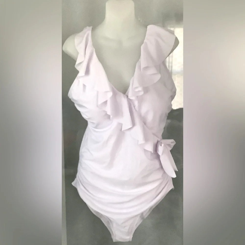 Women’s White Ruffle Tummy Control One Piece Swimsuit